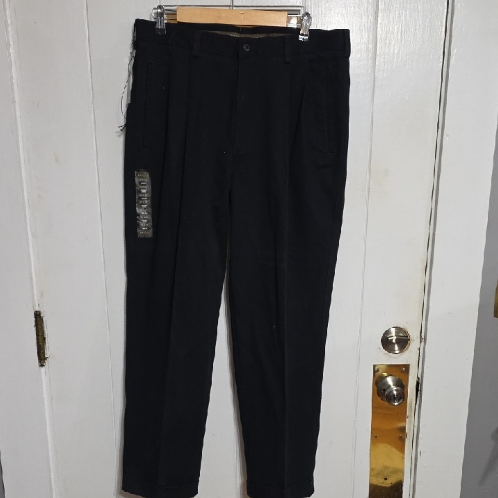 NWT Savane Mens Pants Deep Dye Black Wrinkle Free Creased Cuffed Hem Dress 36x29